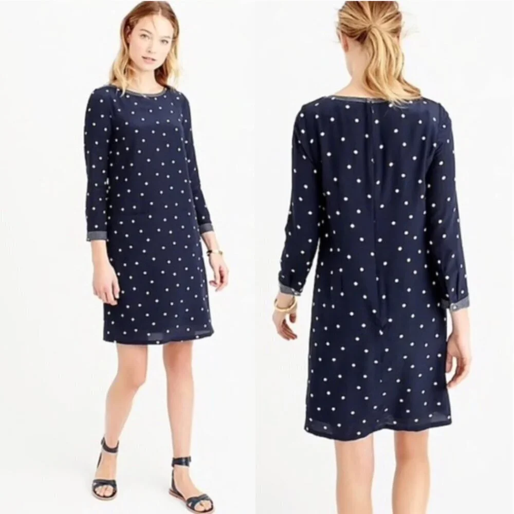 J. Crew Silk Shift Dress in Navy Polka Dot Size 4